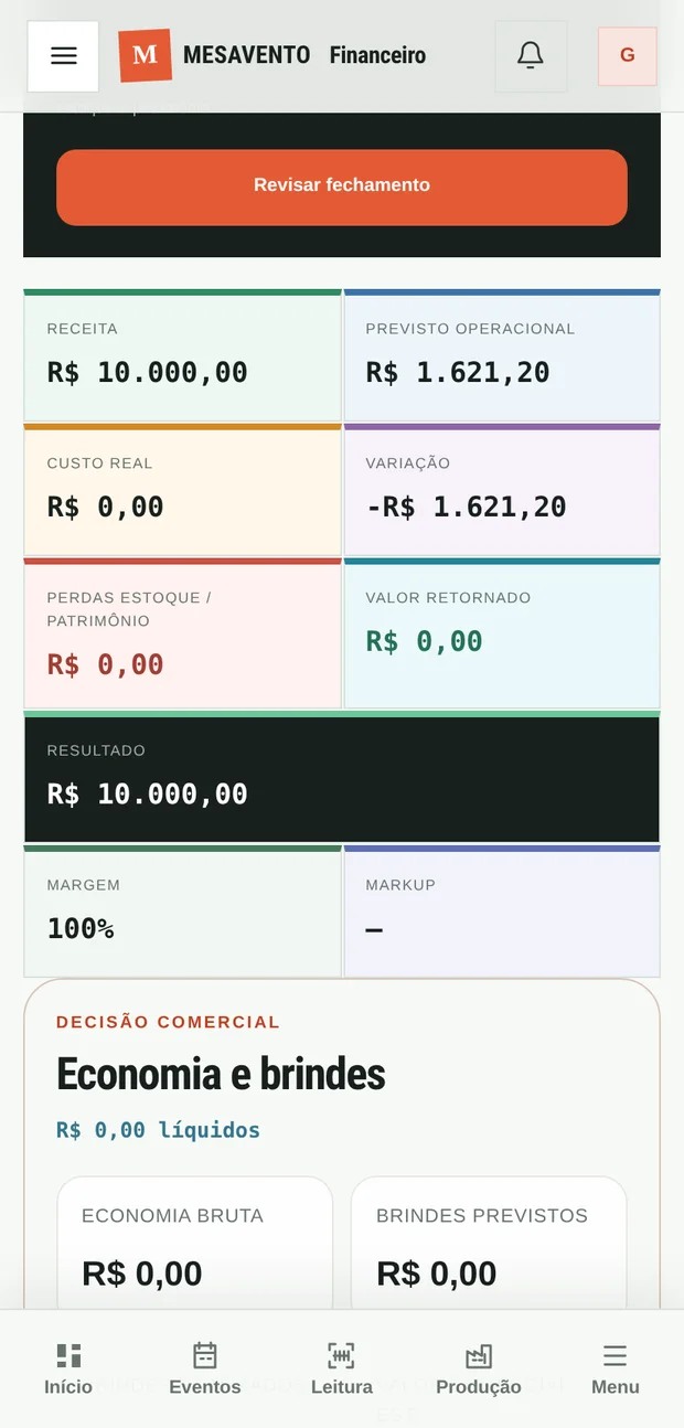 Fechamento no celular: receita, previsto operacional, custo real, variação e perdas.
