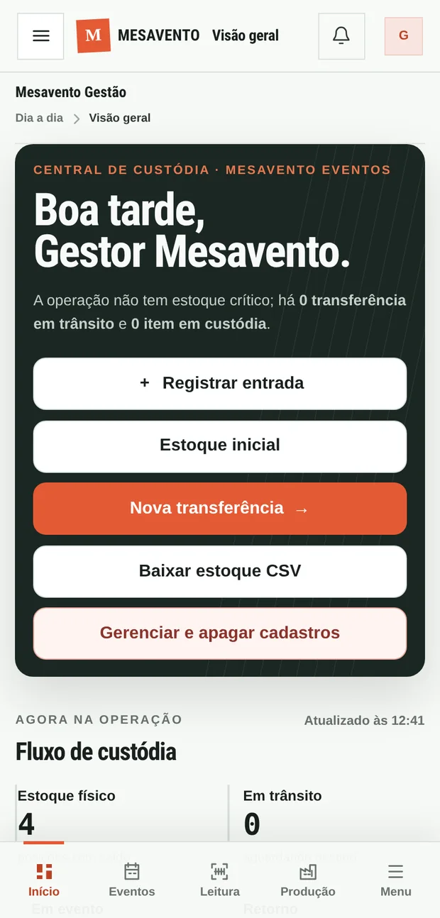 Visão geral da operação no celular.