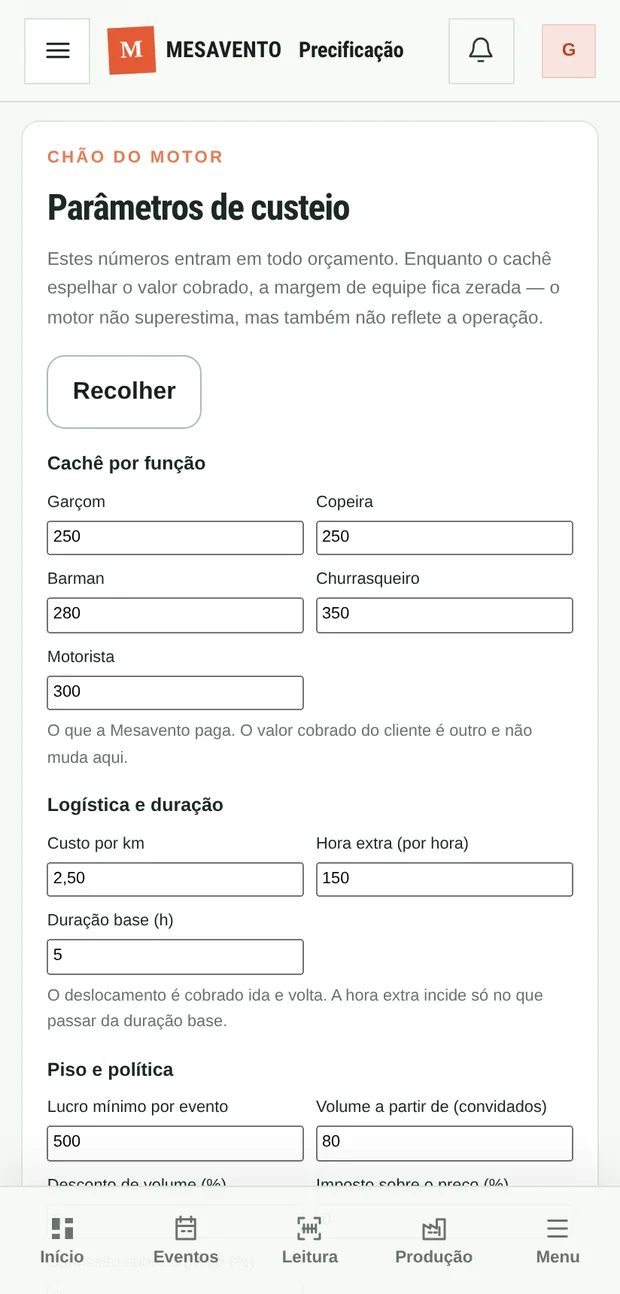 Parâmetros de custeio no celular: cachê por função, custo por km, hora extra, duração base e lucro mínimo por evento.